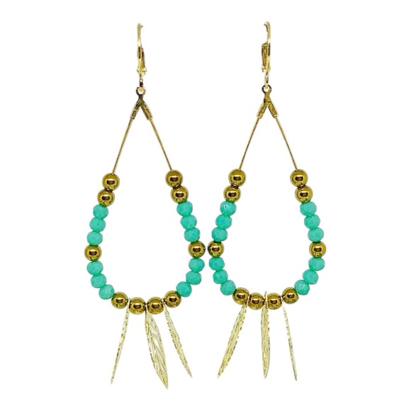 BOUTIQUE Gold and Turquoise Beaded Hoop Earrings, Classy, Dainty, Summer Dangles - Picture 8 of 9